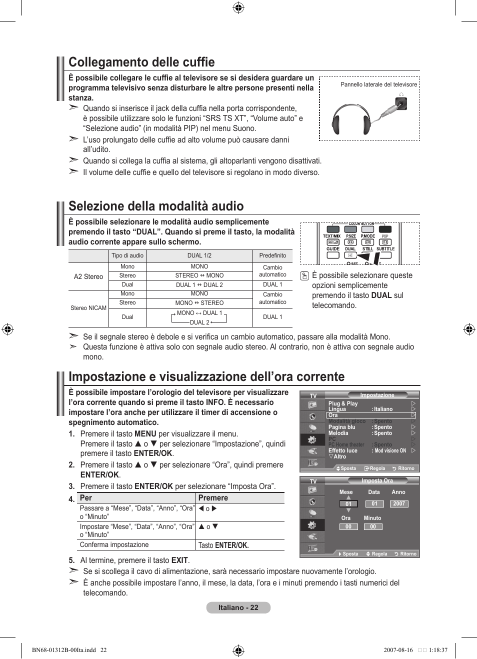 Collegamento delle cuffie, Selezione della modalità audio, Impostazione e visualizzazione dell’ora corrente | Samsung LE40F86BD User Manual | Page 280 / 516