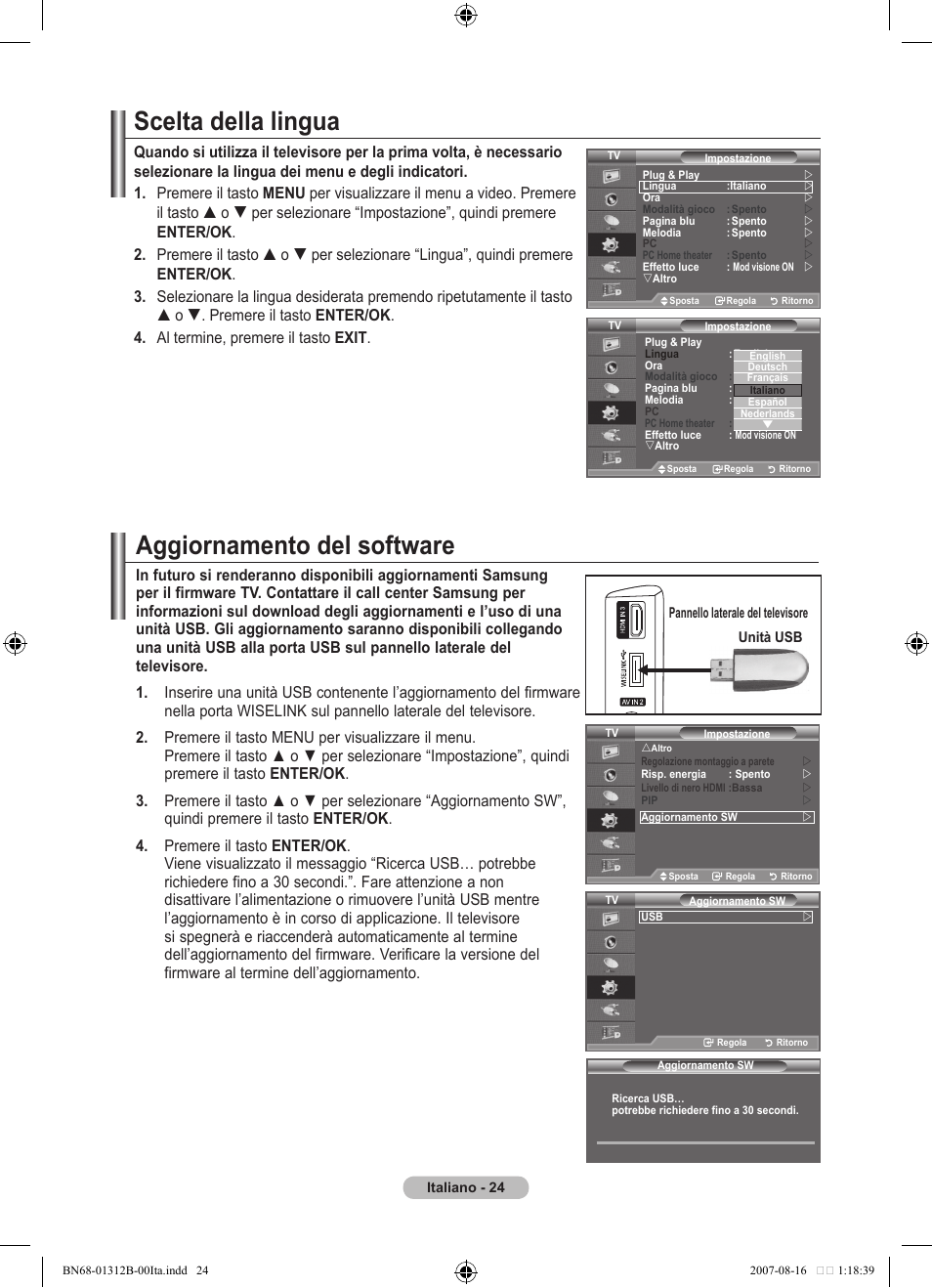 Scelta della lingua, Aggiornamento del software | Samsung LE40F86BD User Manual | Page 282 / 516