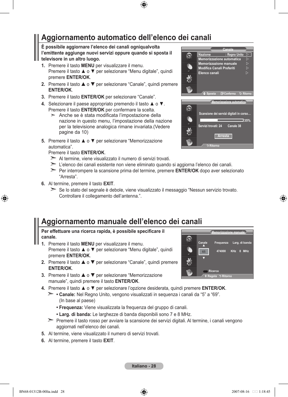 Aggiornamento automatico dell’elenco dei canali, Aggiornamento manuale dell’elenco dei canali | Samsung LE40F86BD User Manual | Page 286 / 516