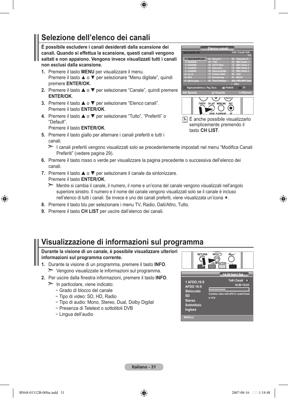 Selezione dell’elenco dei canali, Visualizzazione di informazioni sul programma | Samsung LE40F86BD User Manual | Page 289 / 516