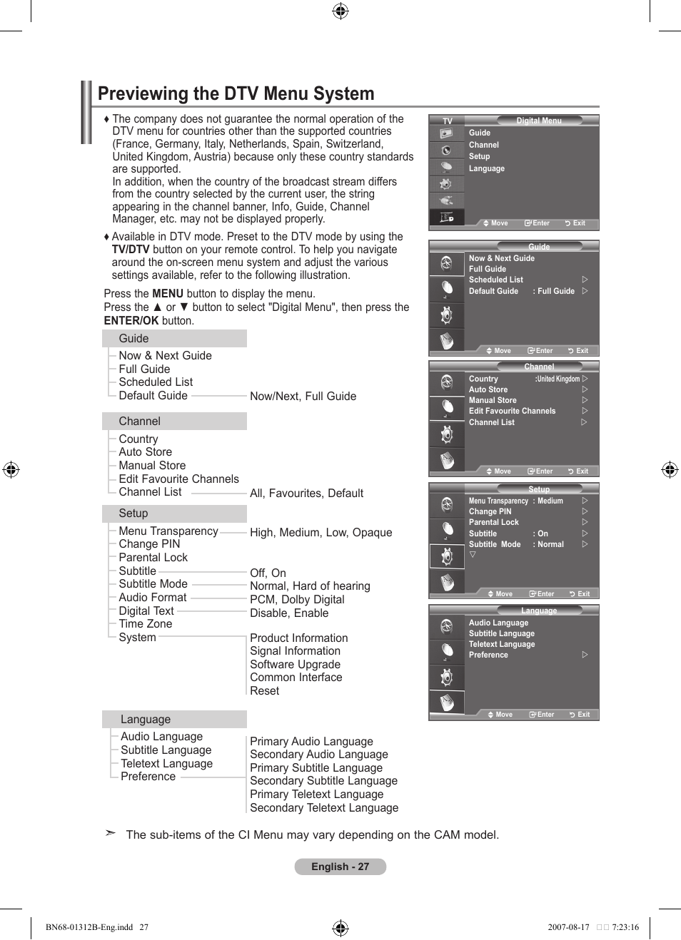 Using the dtv featature, Previewing the dtv menu system | Samsung LE40F86BD User Manual | Page 29 / 516