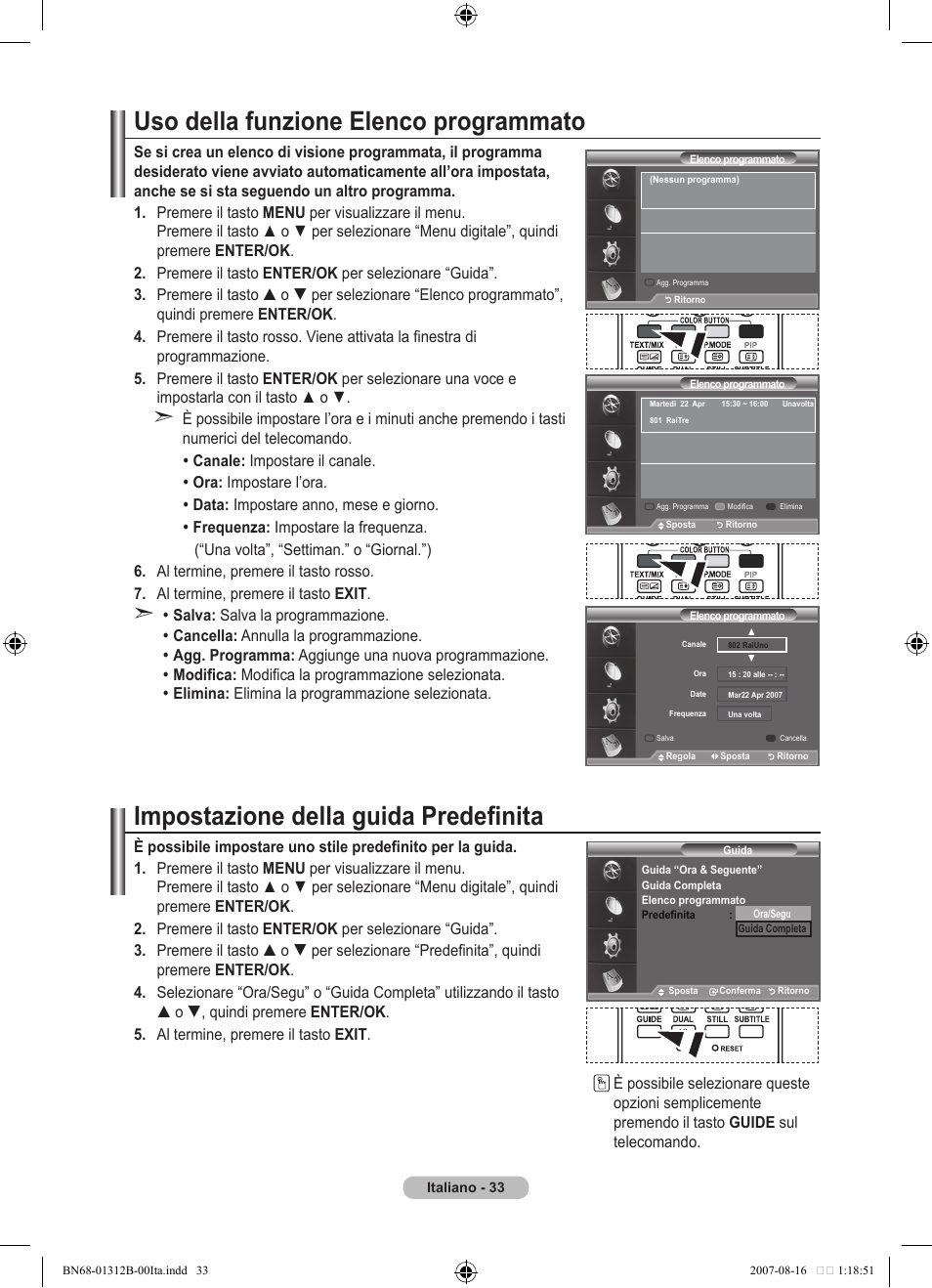 Uso della funzione elenco programmato, Impostazione della guida predefinita | Samsung LE40F86BD User Manual | Page 291 / 516