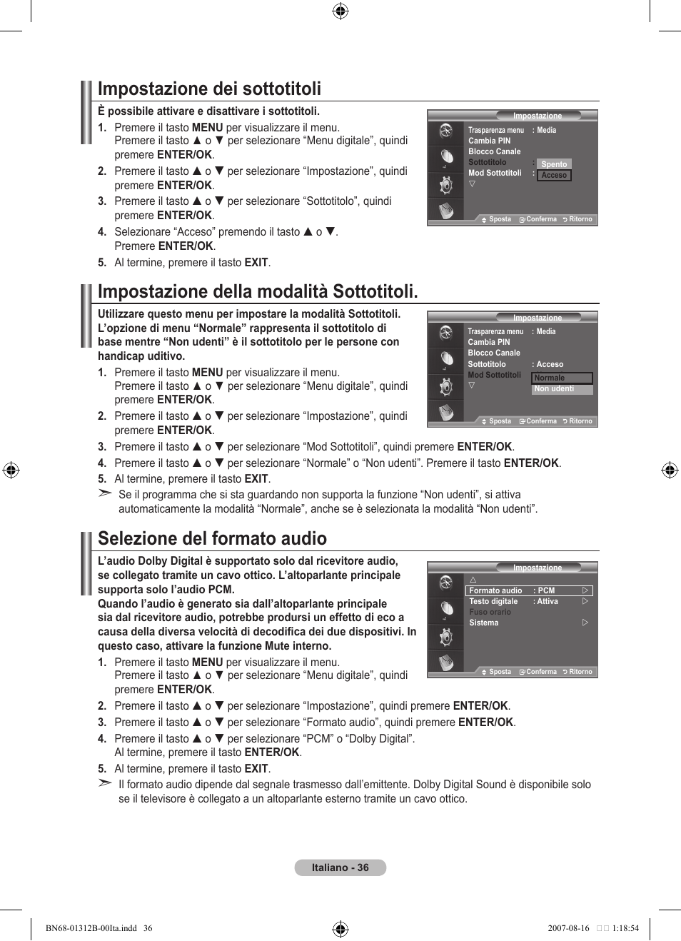 Impostazione dei sottotitoli, Impostazione della modalità sottotitoli, Selezione del formato audio | Samsung LE40F86BD User Manual | Page 294 / 516