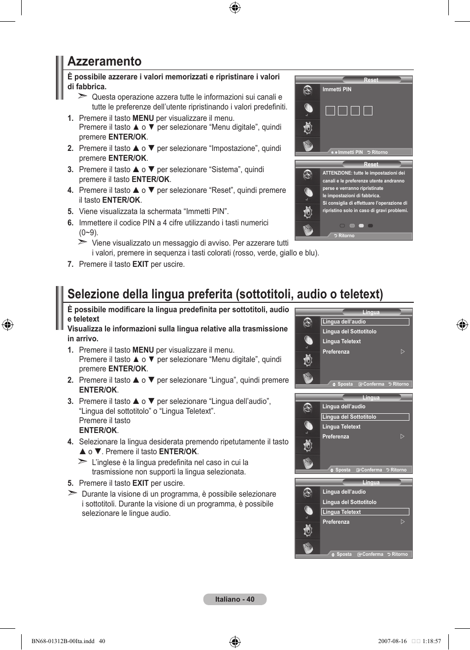 Azzeramento | Samsung LE40F86BD User Manual | Page 298 / 516