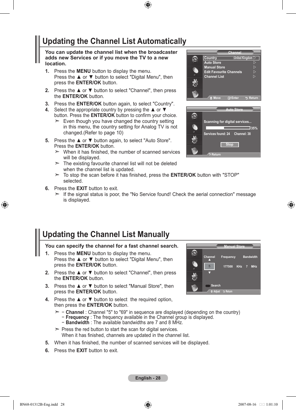 Updating the channel list automatically, Updating the channel list manually | Samsung LE40F86BD User Manual | Page 30 / 516
