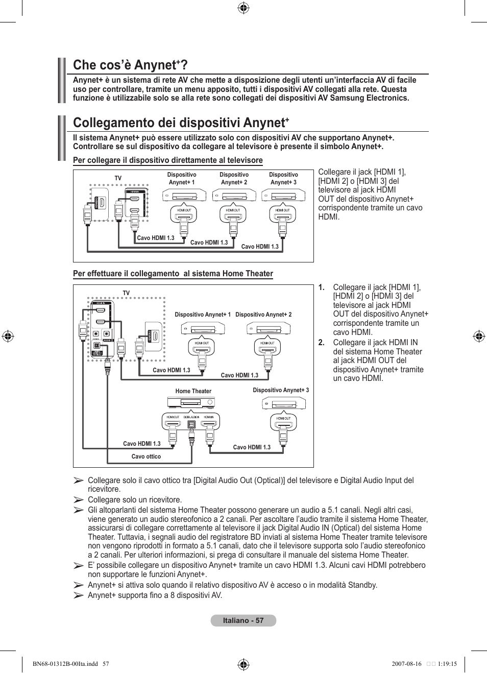 Collegamento dei dispositivi anynet, Che cos’è anynet | Samsung LE40F86BD User Manual | Page 315 / 516