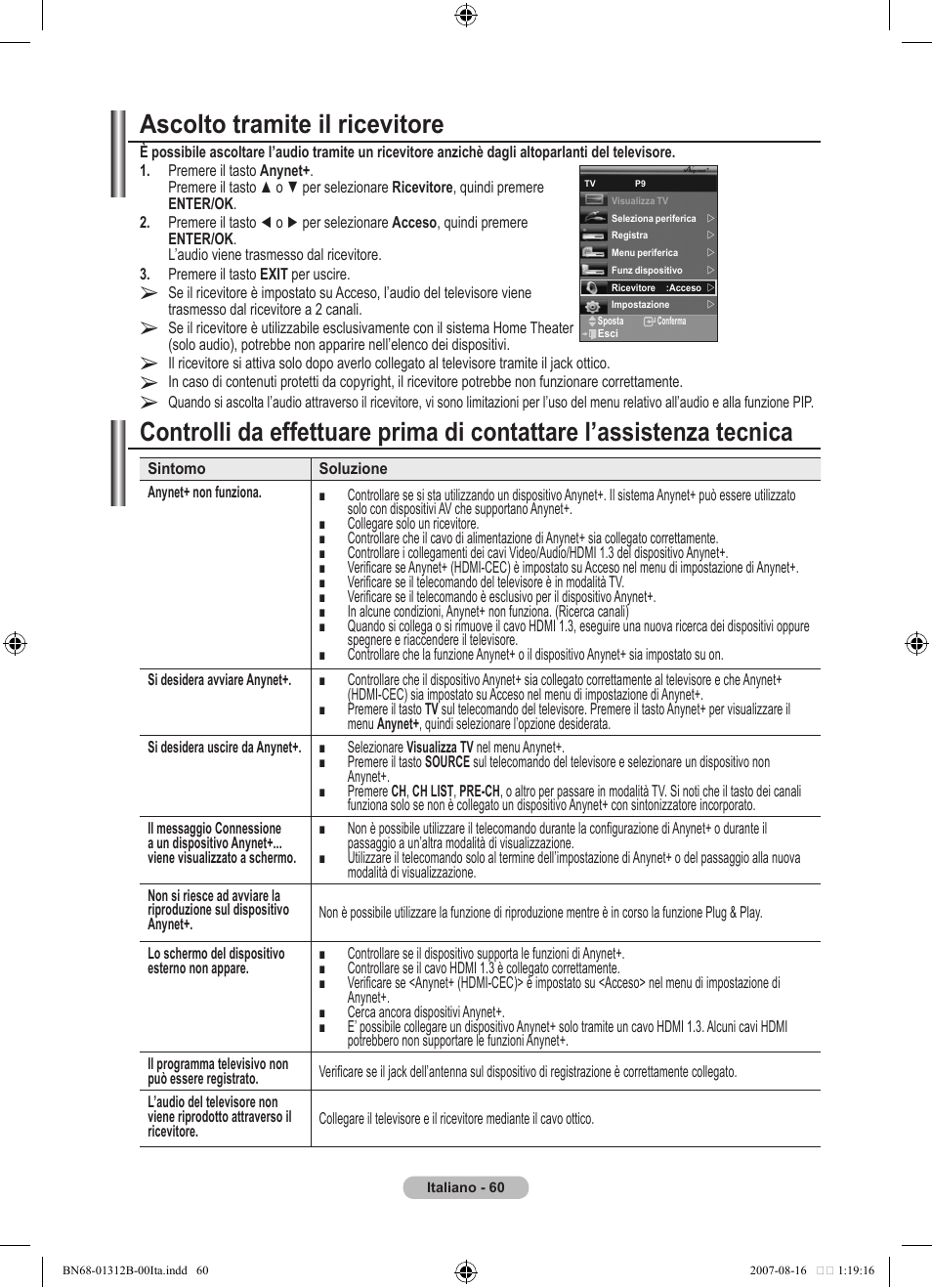 Ascolto tramite il ricevitore | Samsung LE40F86BD User Manual | Page 318 / 516