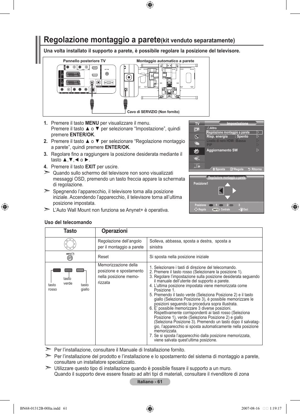 Regolazione montaggio a parete, Kit venduto separatamente), Tasto operazioni | Samsung LE40F86BD User Manual | Page 319 / 516