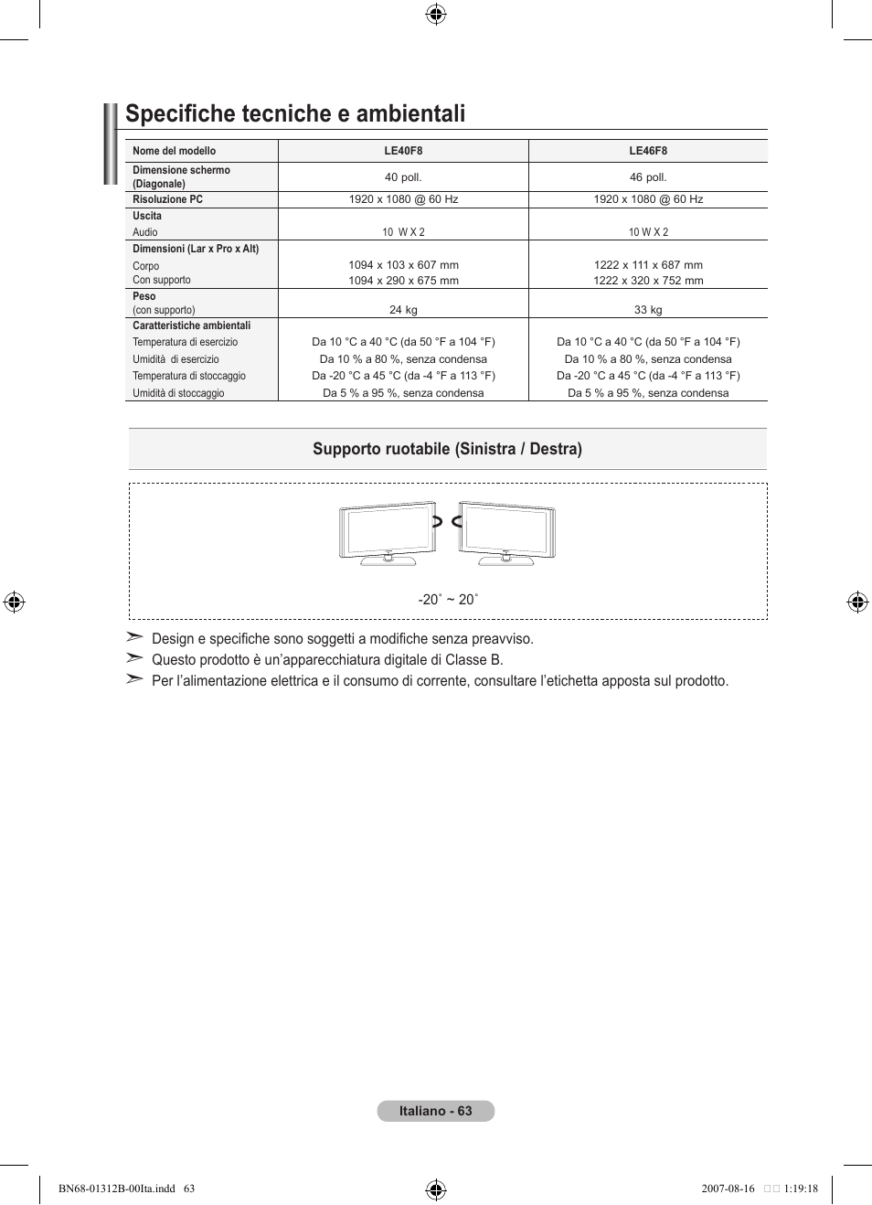 Specifiche tecniche e ambientali, Supporto ruotabile (sinistra / destra) | Samsung LE40F86BD User Manual | Page 321 / 516