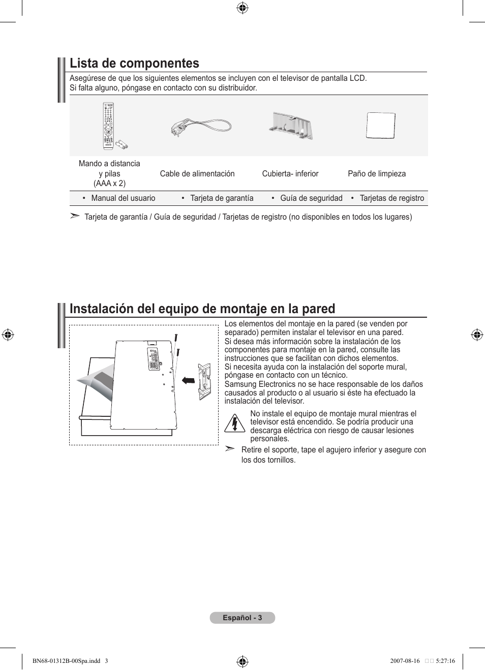 Lista de componentes, Instalación del equipo de montaje en la pared | Samsung LE40F86BD User Manual | Page 327 / 516