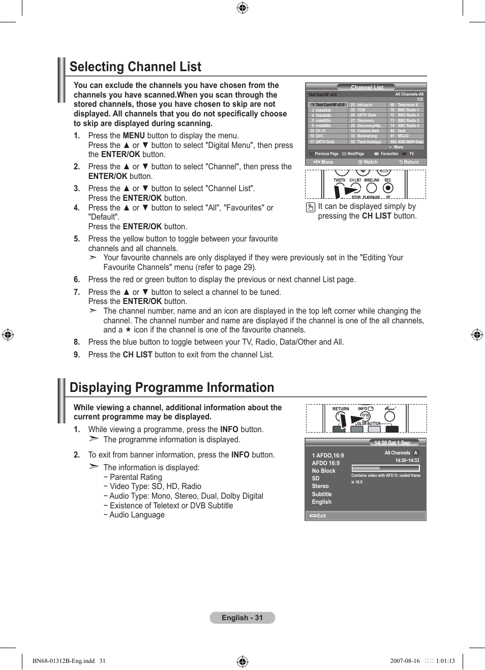 Selecting channel list, Displaying programme information | Samsung LE40F86BD User Manual | Page 33 / 516