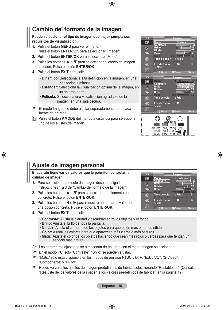 Cambio del formato de la imagen, Ajuste de imagen personal | Samsung LE40F86BD User Manual | Page 339 / 516