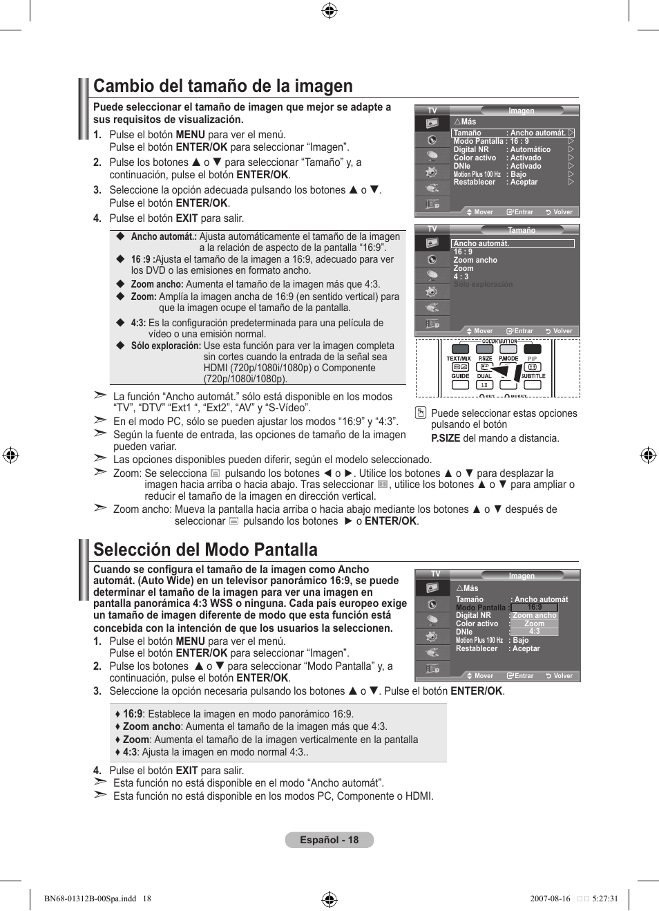 Cambio del tamaño de la imagen, Selección del modo pantalla | Samsung LE40F86BD User Manual | Page 342 / 516
