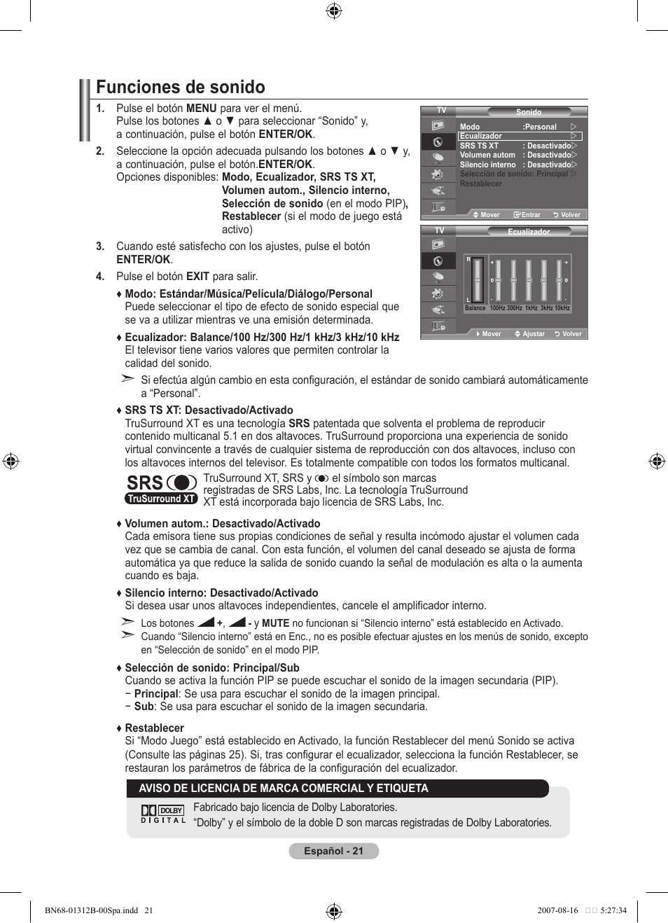 Funciones de sonido | Samsung LE40F86BD User Manual | Page 345 / 516