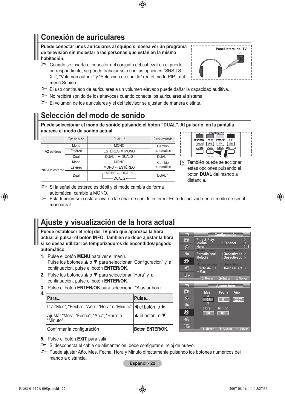 Conexión de auriculares, Selección del modo de sonido, Ajuste y visualización de la hora actual | Samsung LE40F86BD User Manual | Page 346 / 516