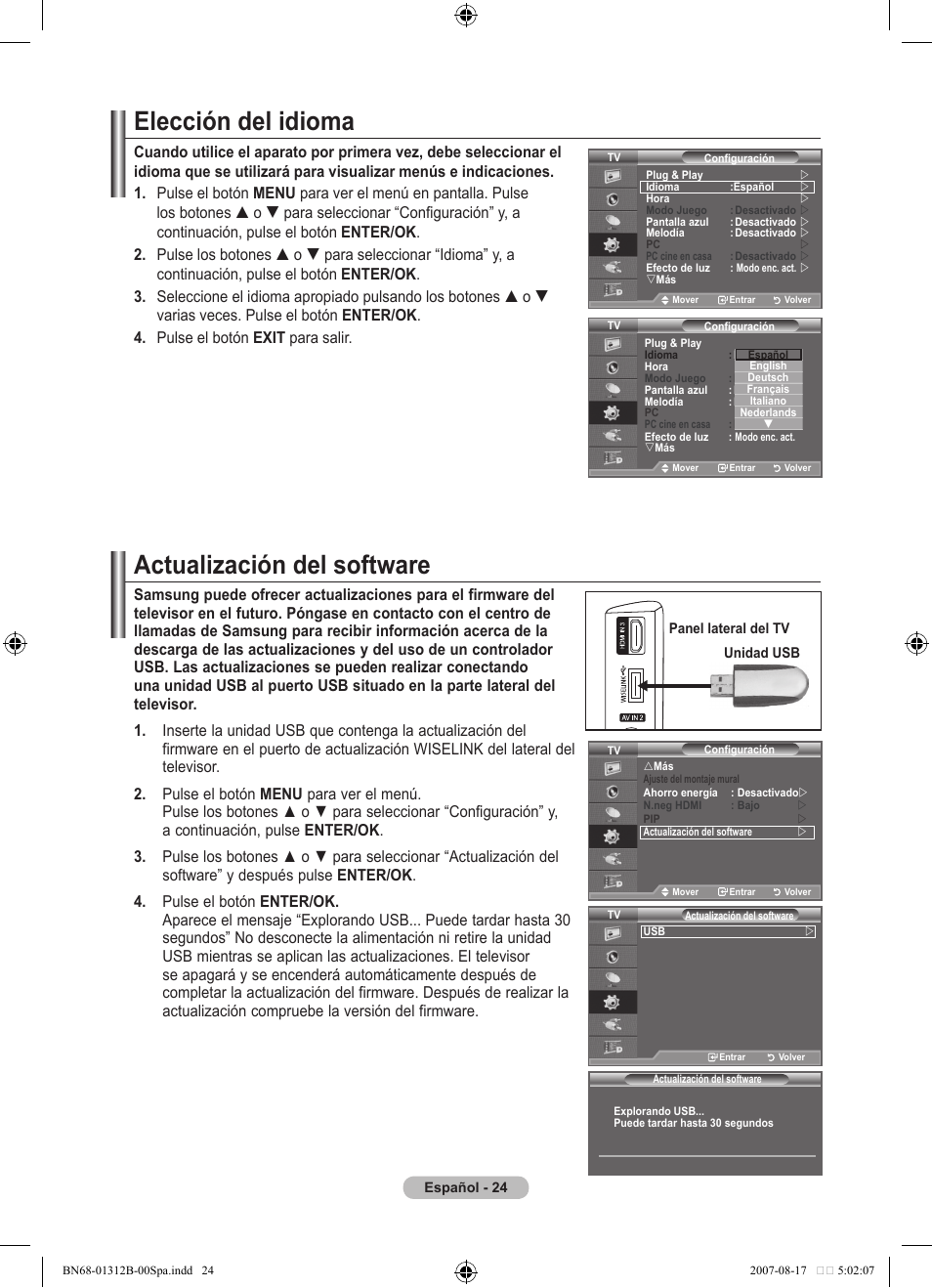 Elección del idioma, Actualización del software | Samsung LE40F86BD User Manual | Page 348 / 516
