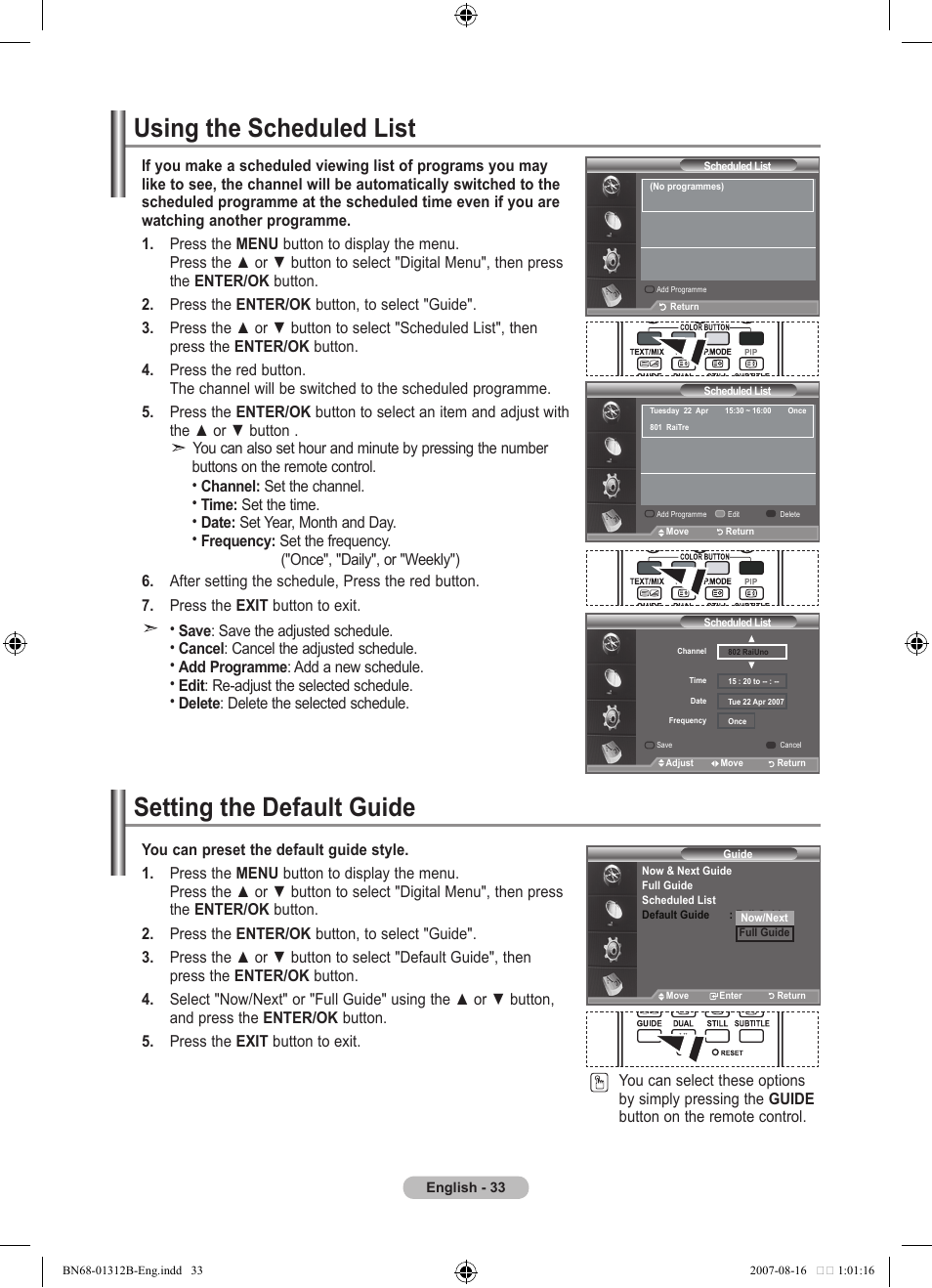 Using the scheduled list, Setting the default guide | Samsung LE40F86BD User Manual | Page 35 / 516