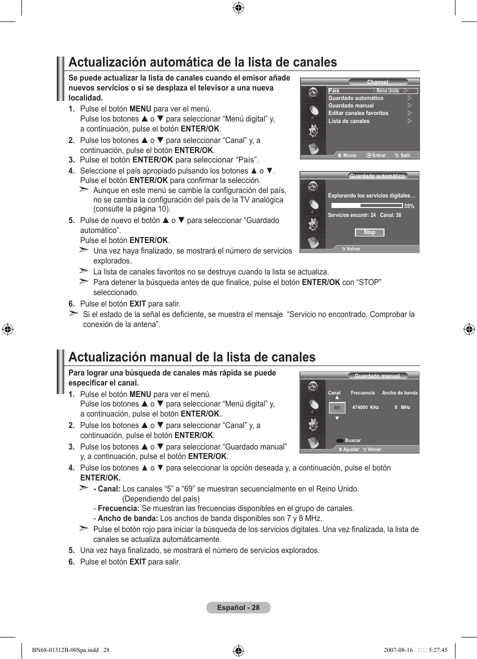 Actualización automática de la lista de canales, Actualización manual de la lista de canales | Samsung LE40F86BD User Manual | Page 352 / 516