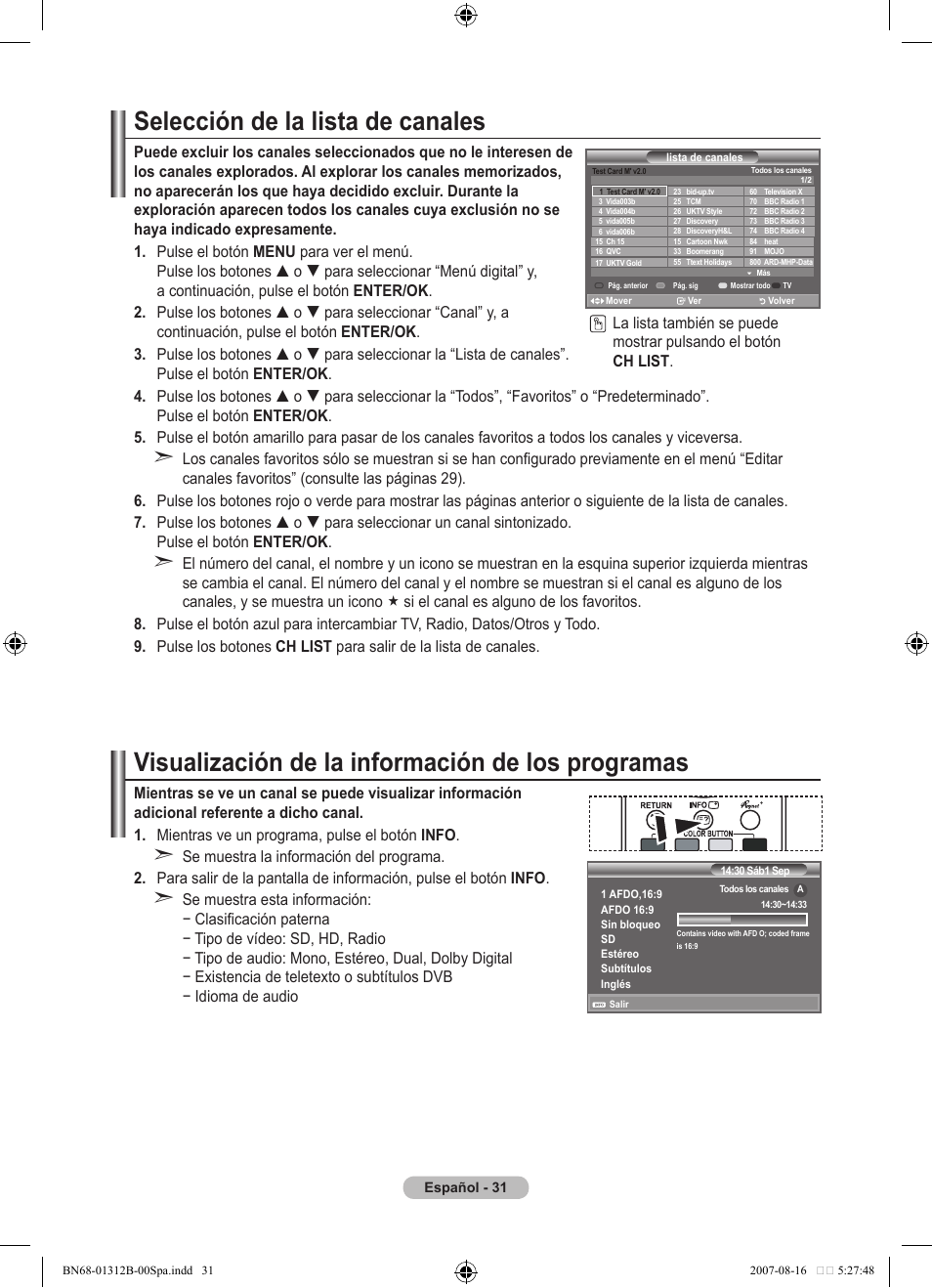 Selección de la lista de canales, Visualización de la información de los programas | Samsung LE40F86BD User Manual | Page 355 / 516