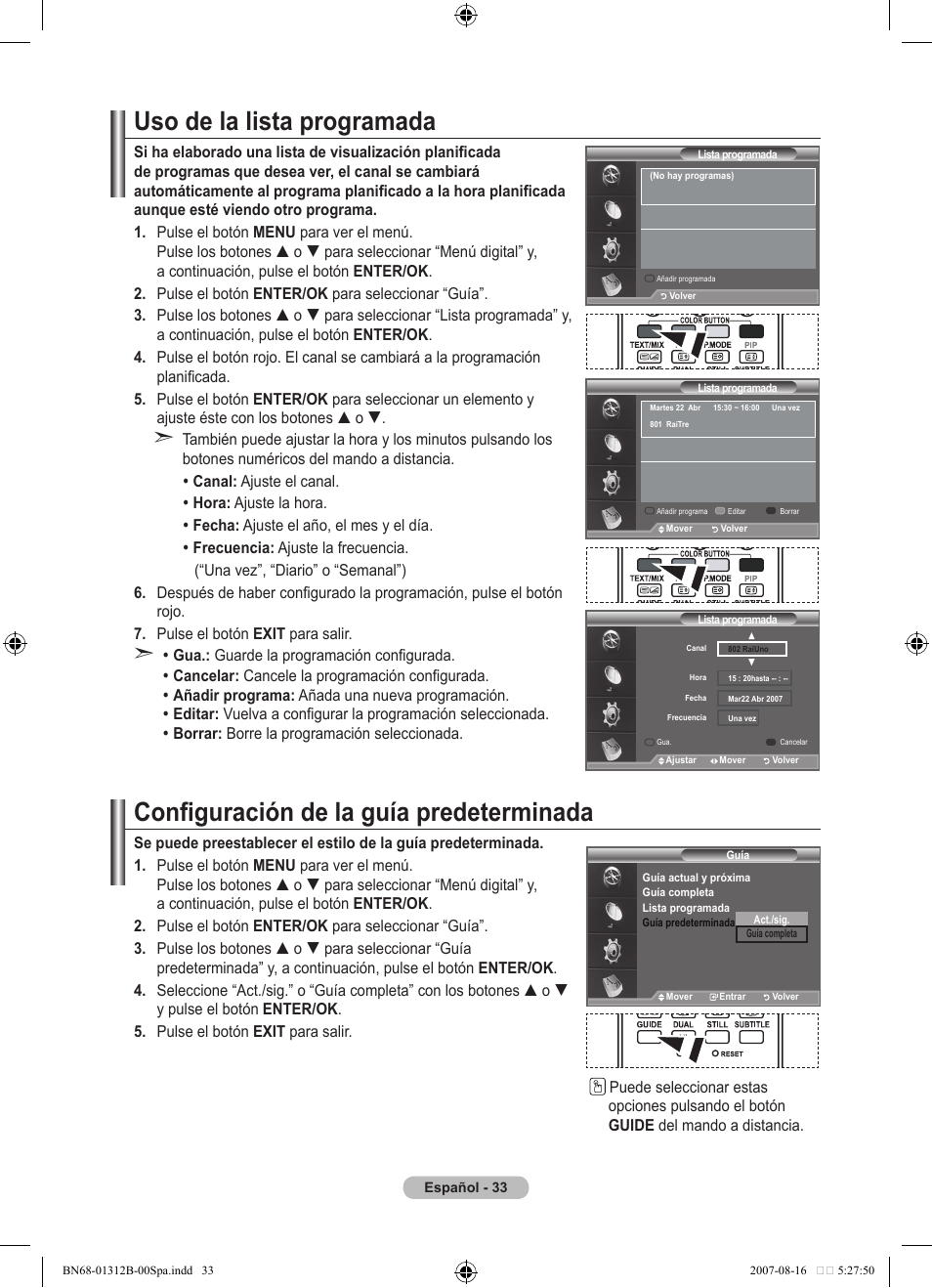Uso de la lista programada, Configuración de la guía predeterminada | Samsung LE40F86BD User Manual | Page 357 / 516