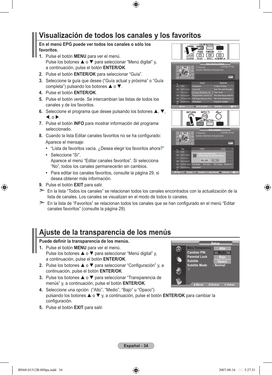 Visualización de todos los canales y los favoritos, Ajuste de la transparencia de los menús | Samsung LE40F86BD User Manual | Page 358 / 516