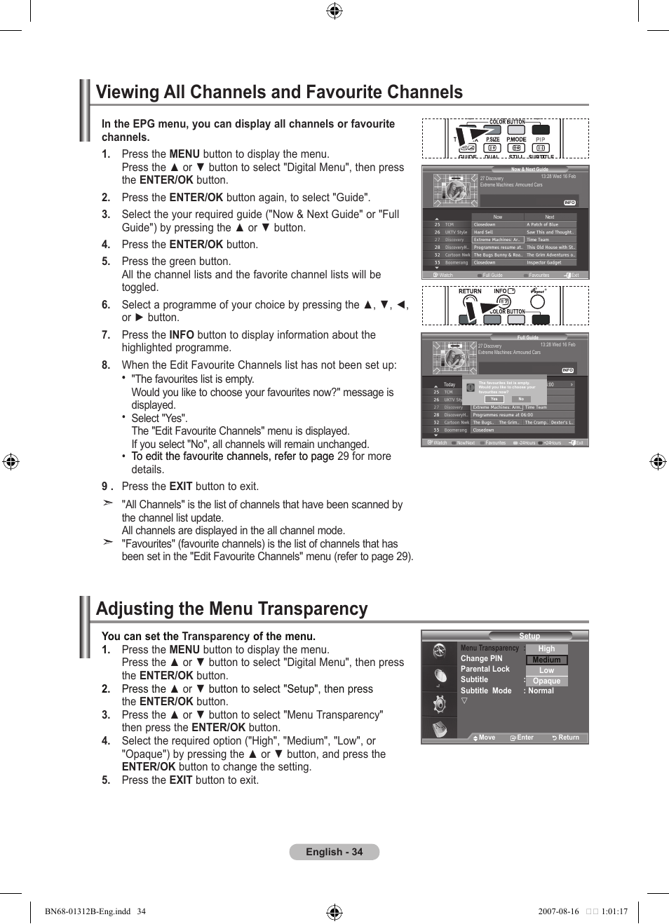 Viewing all channels and favourite channels, Adjusting the menu transparency | Samsung LE40F86BD User Manual | Page 36 / 516