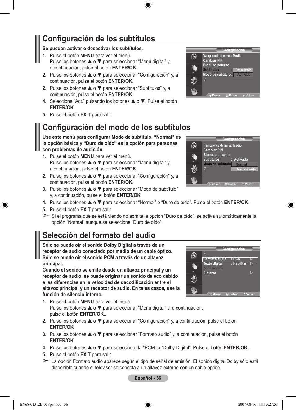 Configuración de los subtítulos, Configuración del modo de los subtítulos, Selección del formato del audio | Samsung LE40F86BD User Manual | Page 360 / 516
