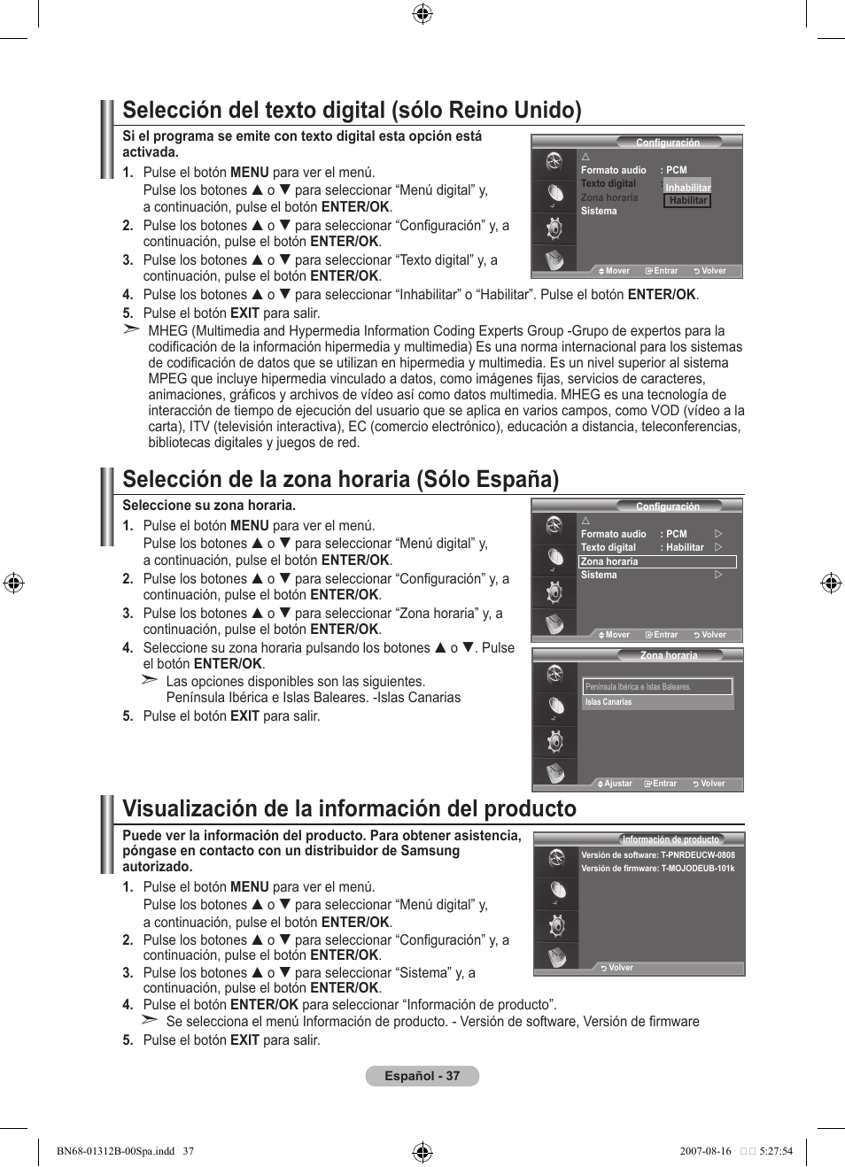 Selección del texto digital (sólo reino unido), Selección de la zona horaria (sólo españa), Visualización de la información del producto | Samsung LE40F86BD User Manual | Page 361 / 516