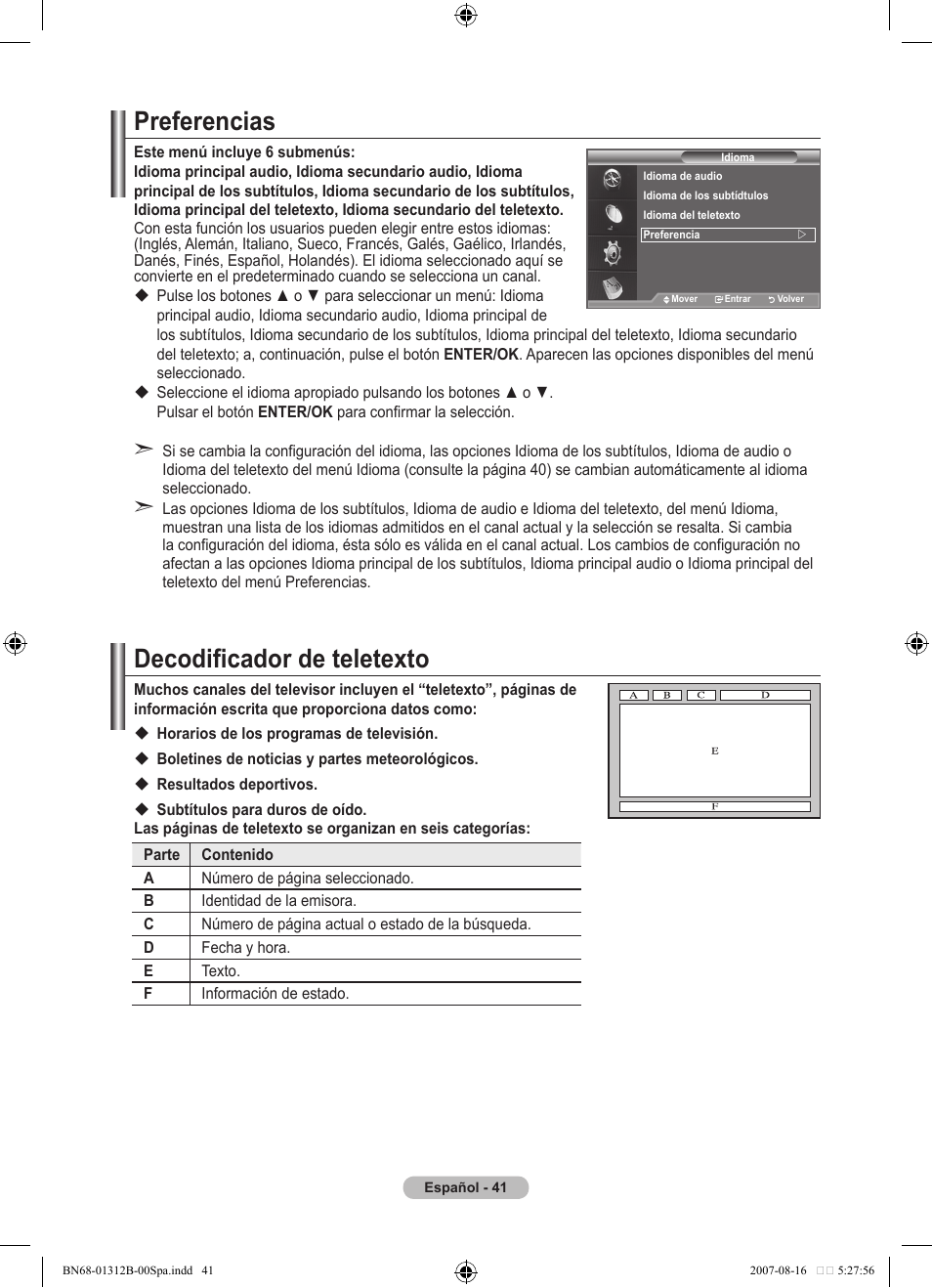 Preferencias, Decodificador de teletexto | Samsung LE40F86BD User Manual | Page 365 / 516