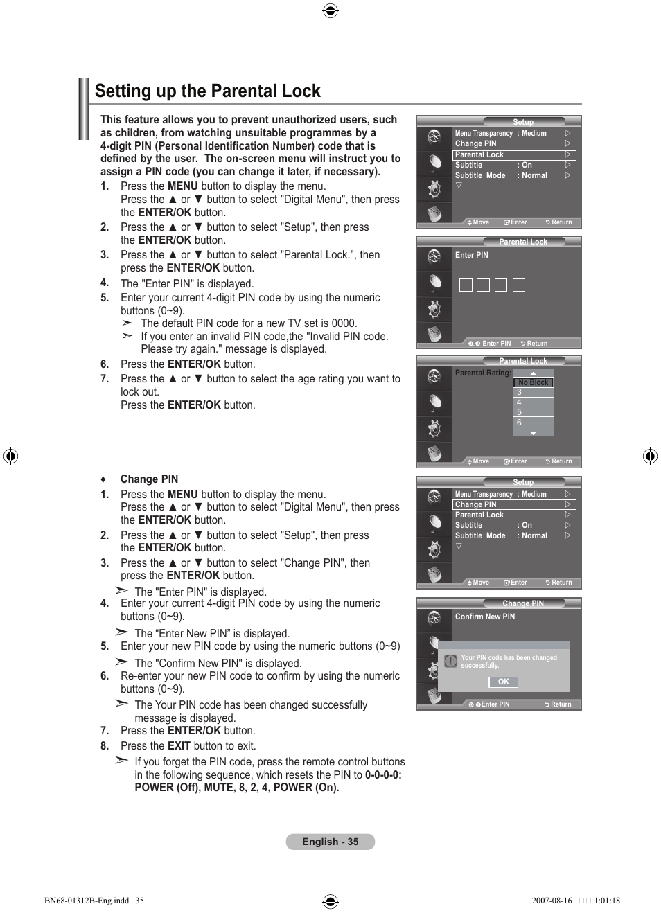 Setting up the parental lock | Samsung LE40F86BD User Manual | Page 37 / 516