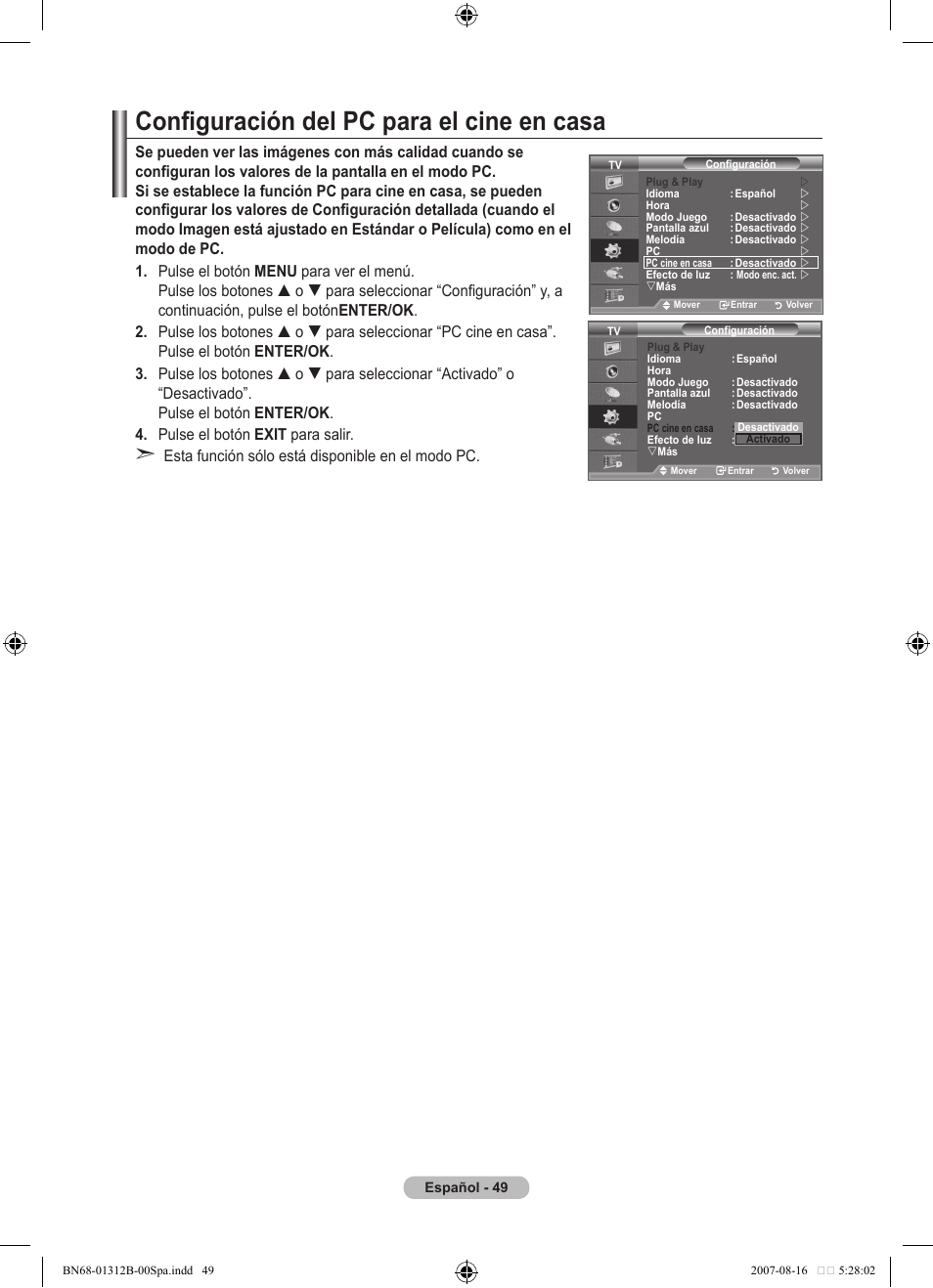 Configuración del pc para el cine en casa | Samsung LE40F86BD User Manual | Page 373 / 516