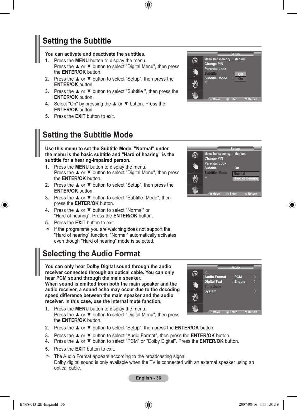 Setting the subtitle, Setting the subtitle mode, Selecting the audio format | Samsung LE40F86BD User Manual | Page 38 / 516