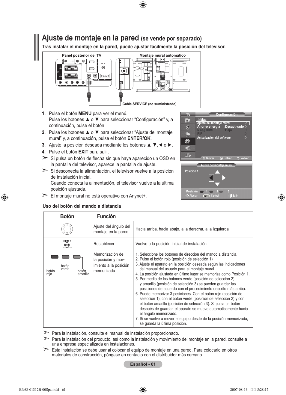 Ajuste de montaje en la pared, Se vende por separado), Botón función | Samsung LE40F86BD User Manual | Page 385 / 516