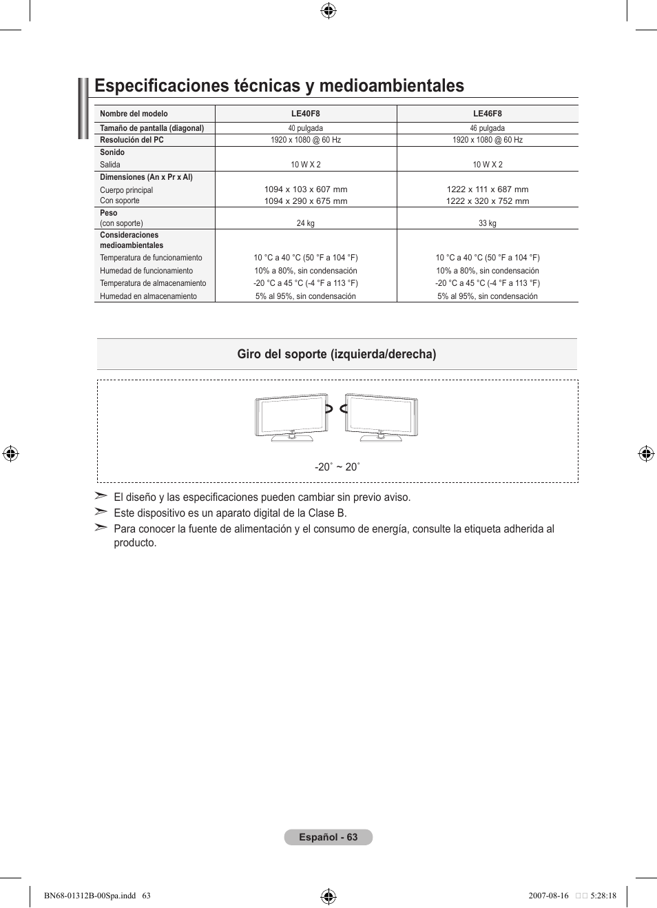 Especificaciones técnicas y medioambientales, Giro del soporte (izquierda/derecha) | Samsung LE40F86BD User Manual | Page 387 / 516