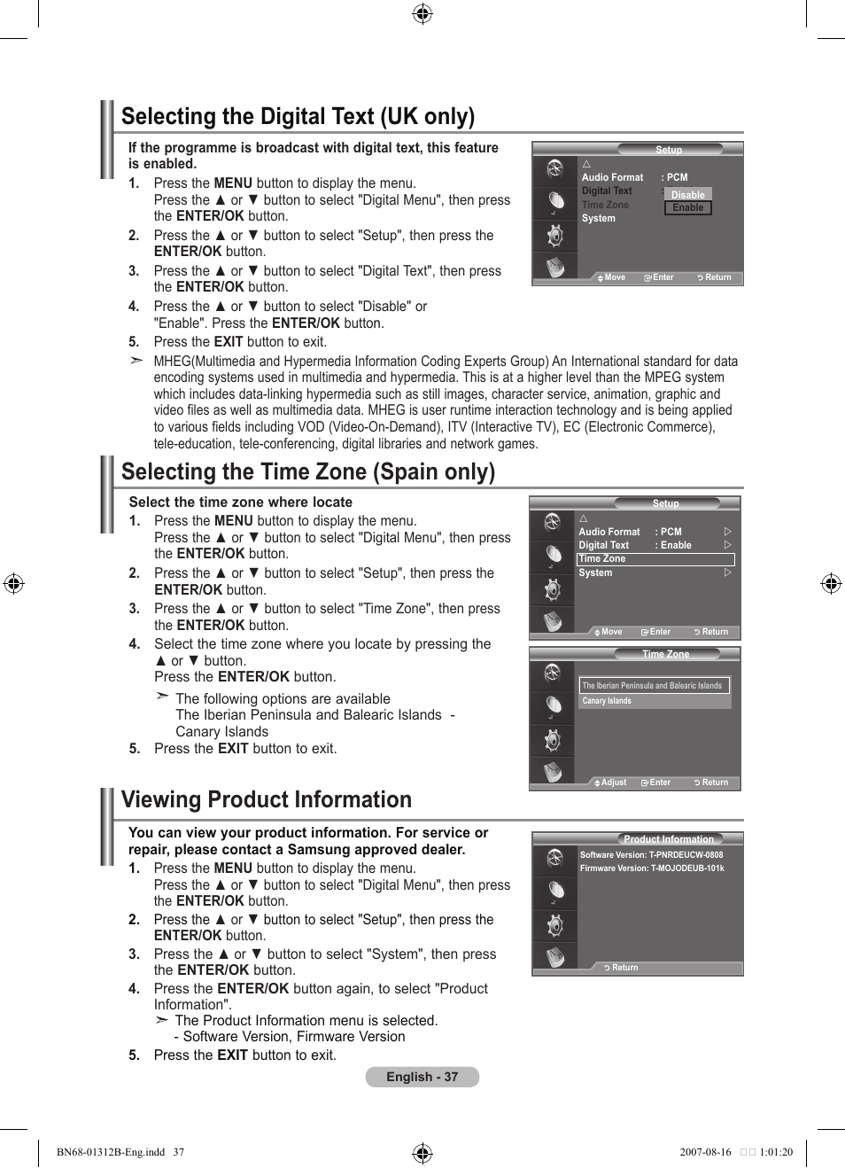 Selecting the digital text (uk only), Selecting the time zone (spain only), Viewing product information | Samsung LE40F86BD User Manual | Page 39 / 516