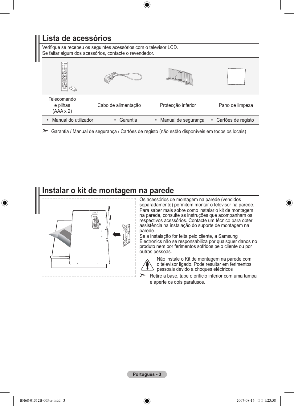 Lista de acessórios, Instalar o kit de montagem na parede | Samsung LE40F86BD User Manual | Page 391 / 516