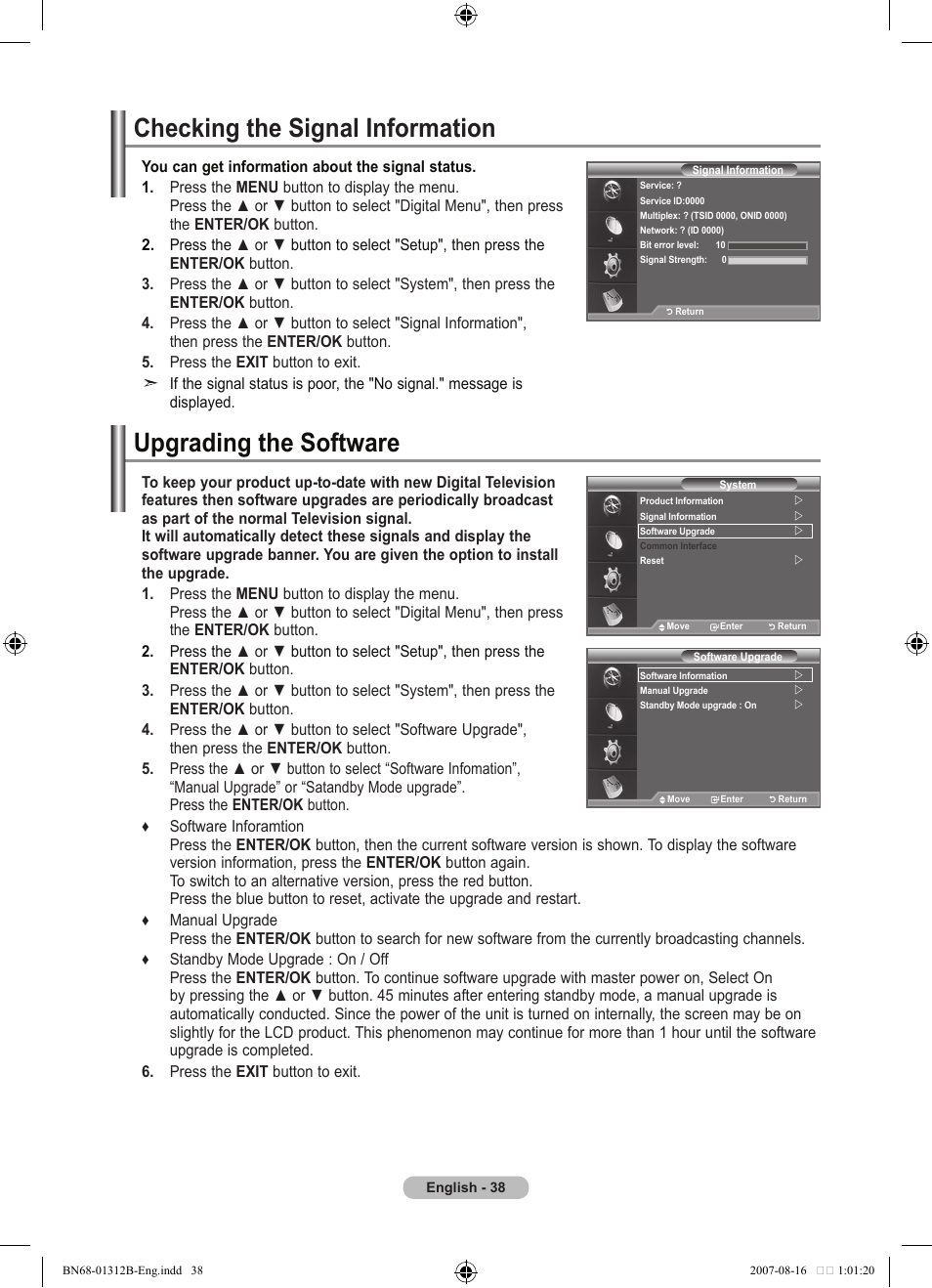 Checking the signal information, Upgrading the software | Samsung LE40F86BD User Manual | Page 40 / 516