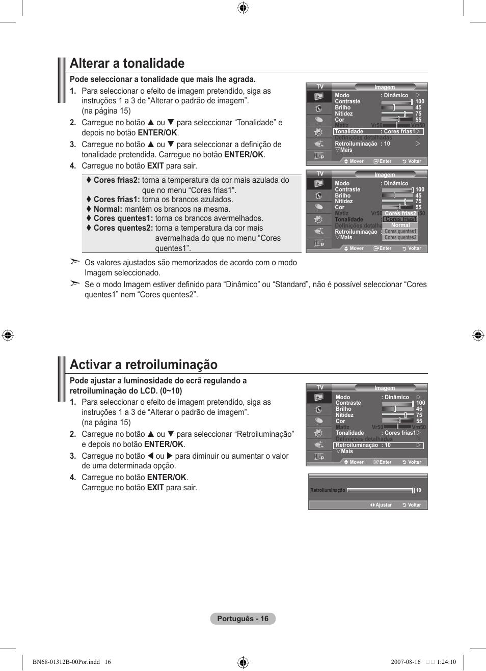 Alterar a tonalidade, Activar a retroiluminação | Samsung LE40F86BD User Manual | Page 404 / 516