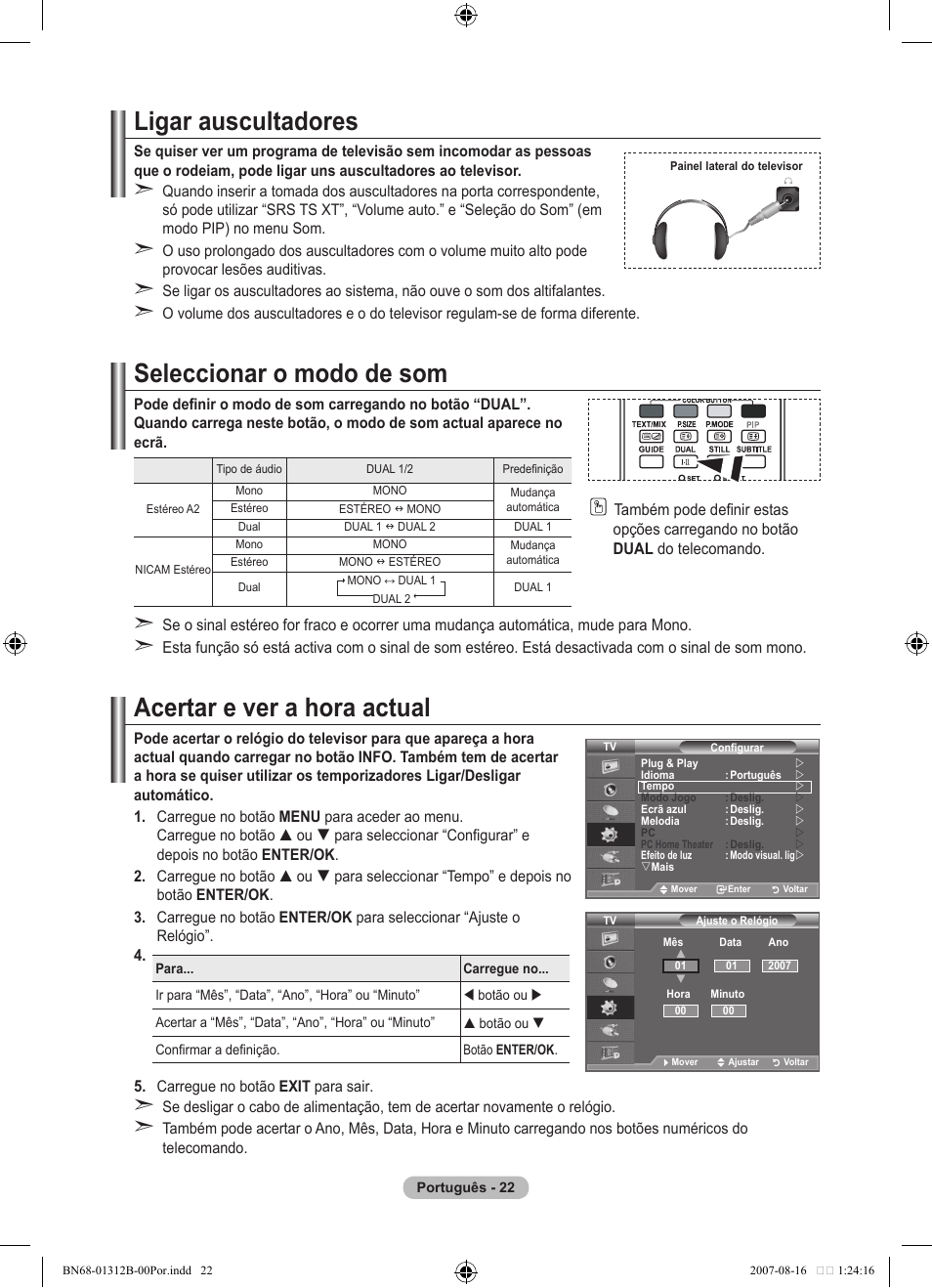 Ligar auscultadores, Seleccionar o modo de som, Acertar e ver a hora actual | Samsung LE40F86BD User Manual | Page 410 / 516