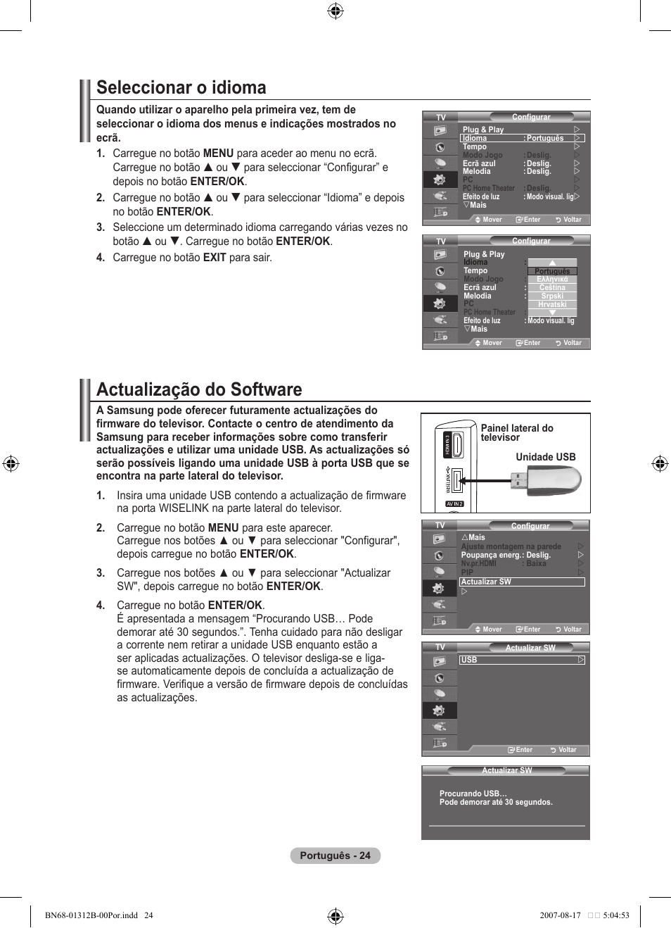 Seleccionar o idioma, Actualização do software | Samsung LE40F86BD User Manual | Page 412 / 516