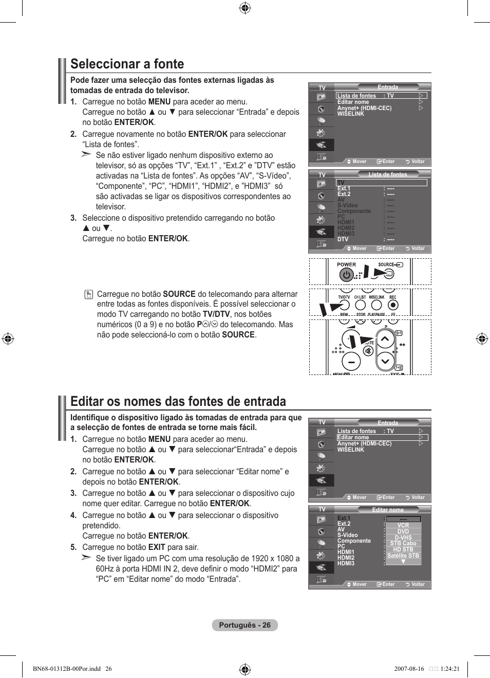 Seleccionar a fonte, Editar os nomes das fontes de entrada | Samsung LE40F86BD User Manual | Page 414 / 516