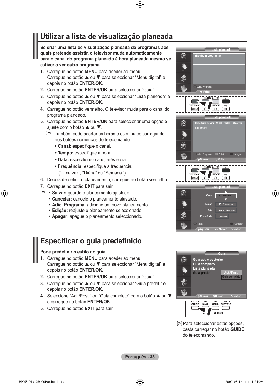 Utilizar a lista de visualização planeada, Especificar o guia predefinido | Samsung LE40F86BD User Manual | Page 421 / 516