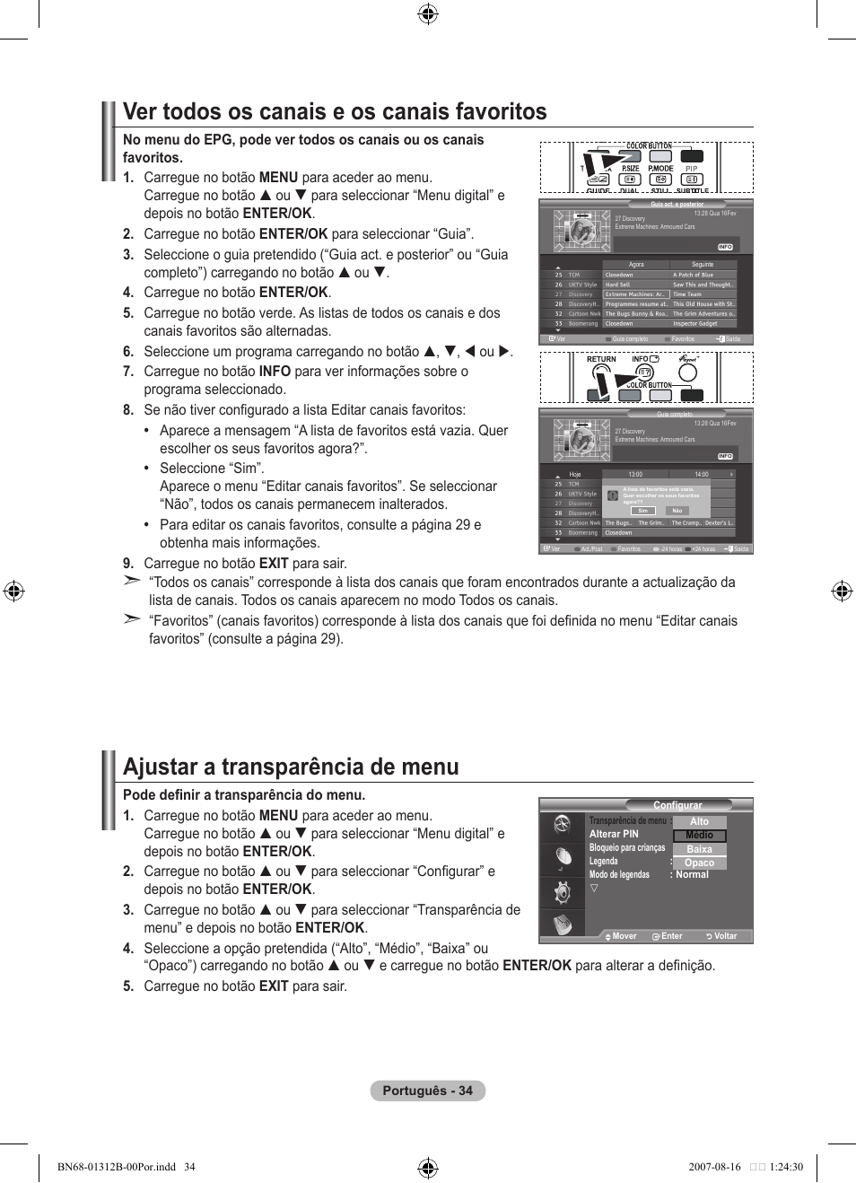 Ver todos os canais e os canais favoritos, Ajustar a transparência de menu | Samsung LE40F86BD User Manual | Page 422 / 516