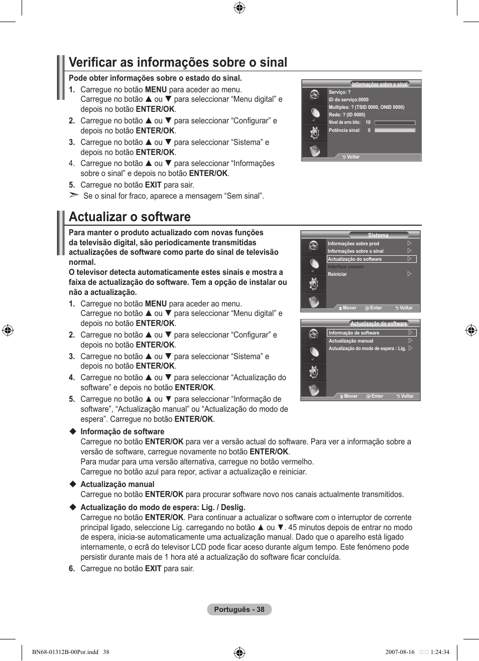Verificar as informações sobre o sinal, Actualizar o software | Samsung LE40F86BD User Manual | Page 426 / 516