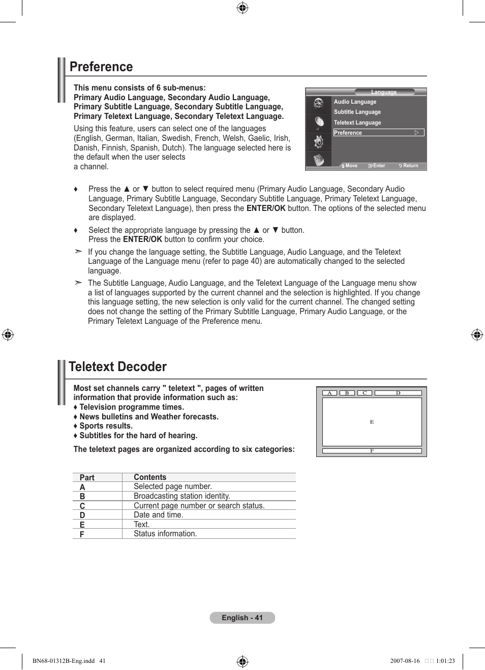 Preference, Using the teletext feature, Teletext decoder | Samsung LE40F86BD User Manual | Page 43 / 516