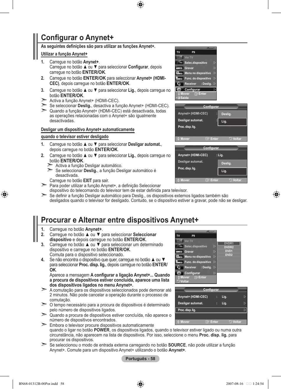Configurar o anynet, Procurar e alternar entre dispositivos anynet | Samsung LE40F86BD User Manual | Page 446 / 516