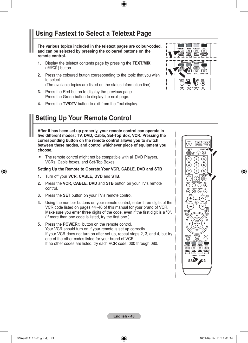 Setting up your remote control, Using fastext to select a teletext page | Samsung LE40F86BD User Manual | Page 45 / 516
