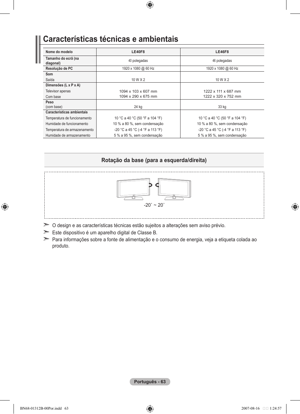 Características técnicas e ambientais, Rotação da base (para a esquerda/direita) | Samsung LE40F86BD User Manual | Page 451 / 516