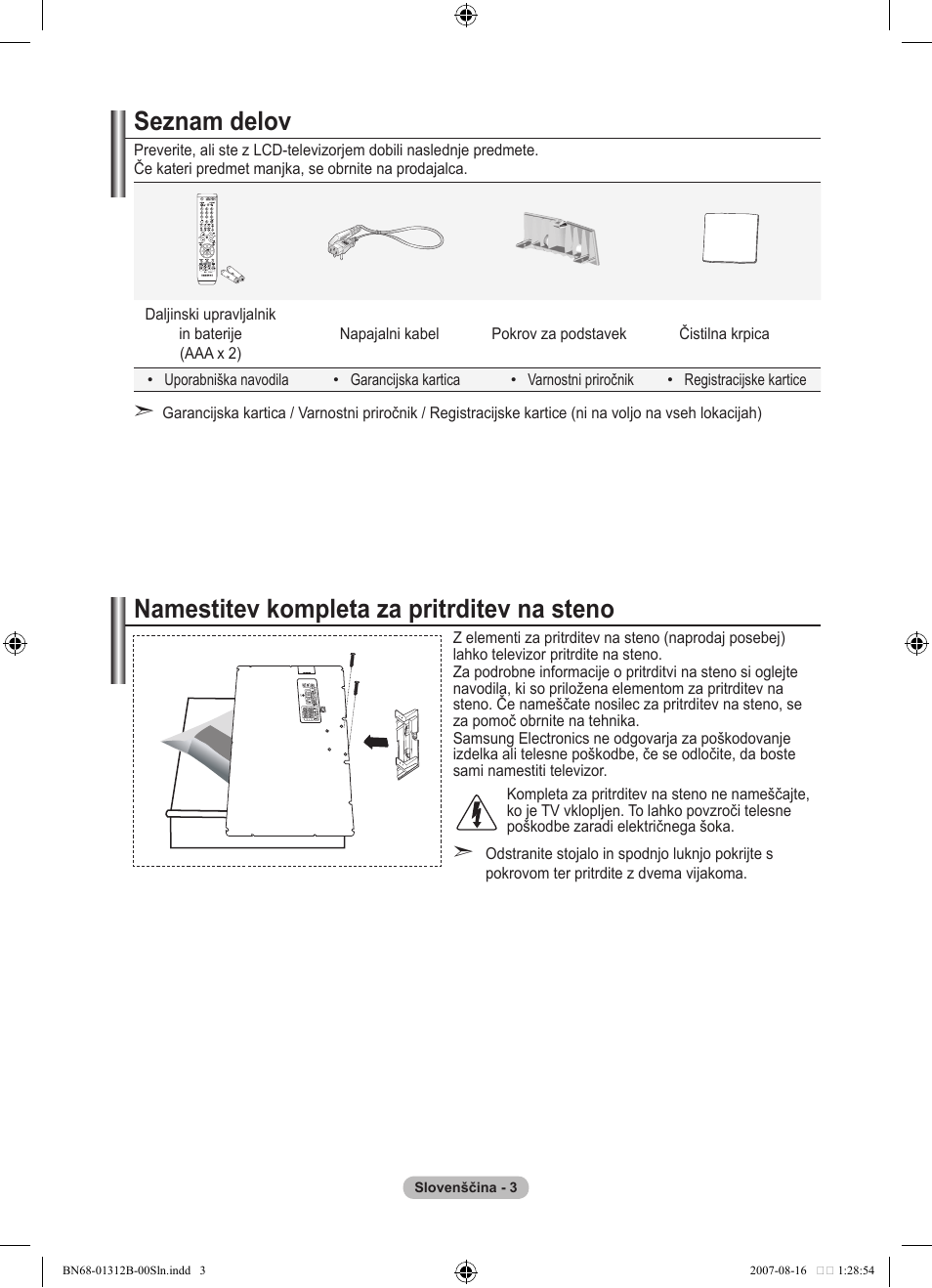 Seznam delov, Namestitev kompleta za pritrditev na steno | Samsung LE40F86BD User Manual | Page 455 / 516