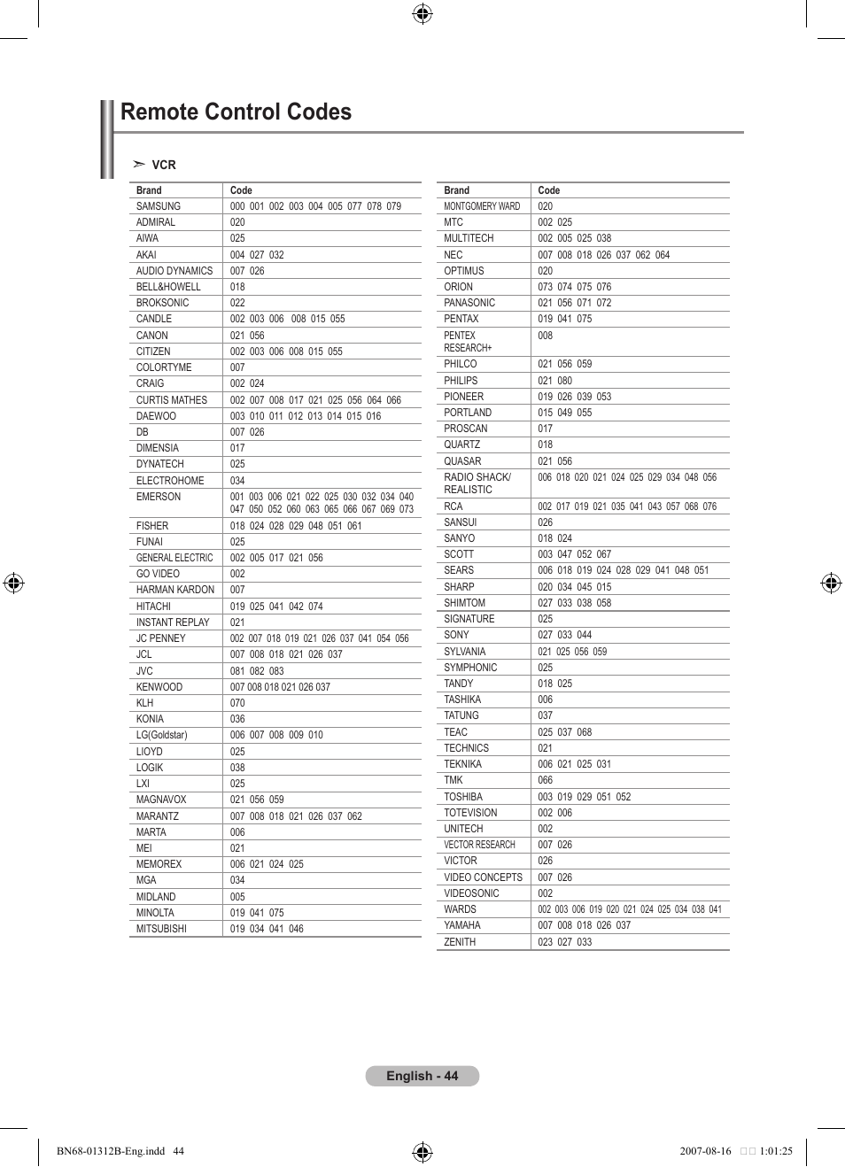 Remote control codes | Samsung LE40F86BD User Manual | Page 46 / 516